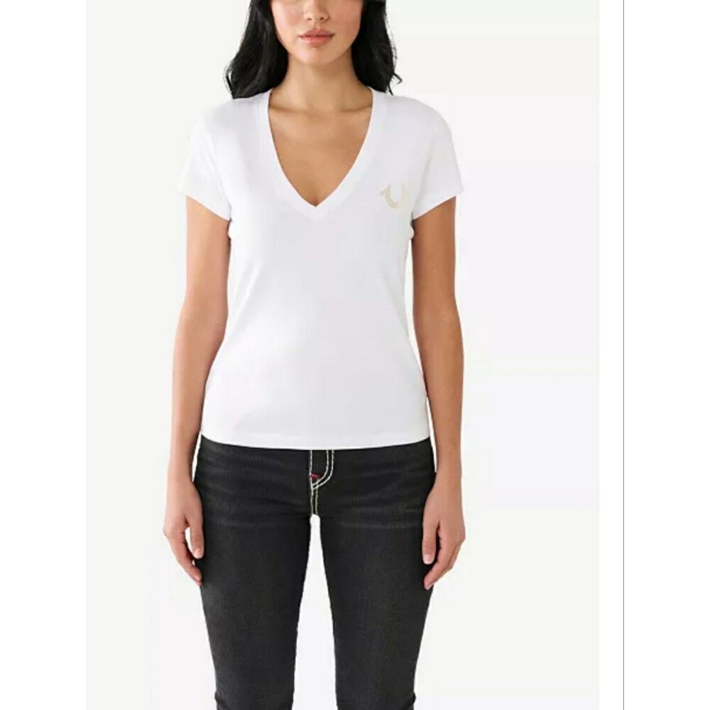 True Religion Women's Short Sleeve Foil Horseshoe V-neck T-shirt Sz XS White MMM